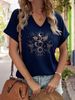 Women's V-Neck "Celestial Dragon & Moon" Graphic Tee, Mystical Floral Print T-Shirt, Casual Short Sleeve Boho Top_ecoleips.com