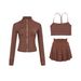 Women's 3-Piece Cropped Jacket & Skirt Set – Stand Collar Zip-Up Yoga Outfit With Y-Back Tank Top – Stretchy Nylon/Spandex Athleisure Wear_ecoleips.com