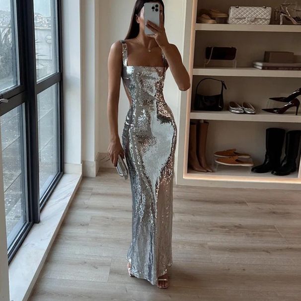 Elegant Backless Sequined Long Dress With Suspender Straps – Glamorous Evening Gown For Women_ecoleips.com