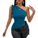 Voya New Women's Elegant Commuter Solid Color Slant Shoulder Twisted Strap T-shirt Slim Fit_ecoleips.com