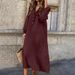 A Long, Fashionable And Loose Cotton And Linen Solid-Color Long-Sleeved V-Neck Button Dress_ecoleips.com