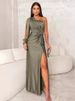 K New Women's Slanted Collar, Raglan Sleeves, Pleated Waist, Slit, Sexy Long Skirt_ecoleips.com