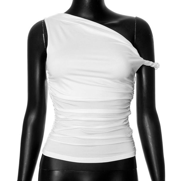 Y24TP145 European And American Wo's Summer New Solid Color One-shoulder Asymmetrical Pleated Sexy Slim-fit Top For_ecoleips.com