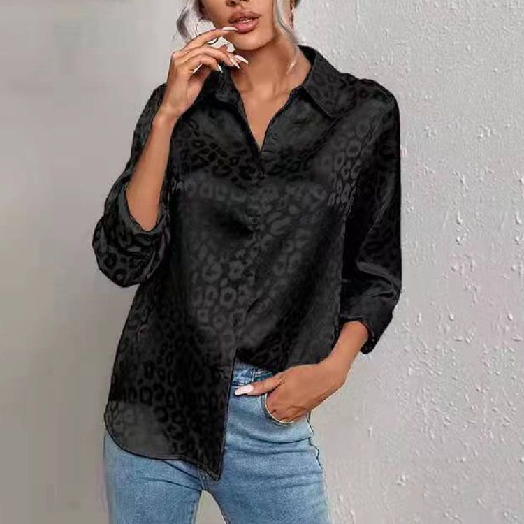 Women's Long Sleeve Lapel Satin Jacquard Leopard Print Blouse – Elegant Casual Button Down Shirt For Spring Fall 2026_ecoleips.com