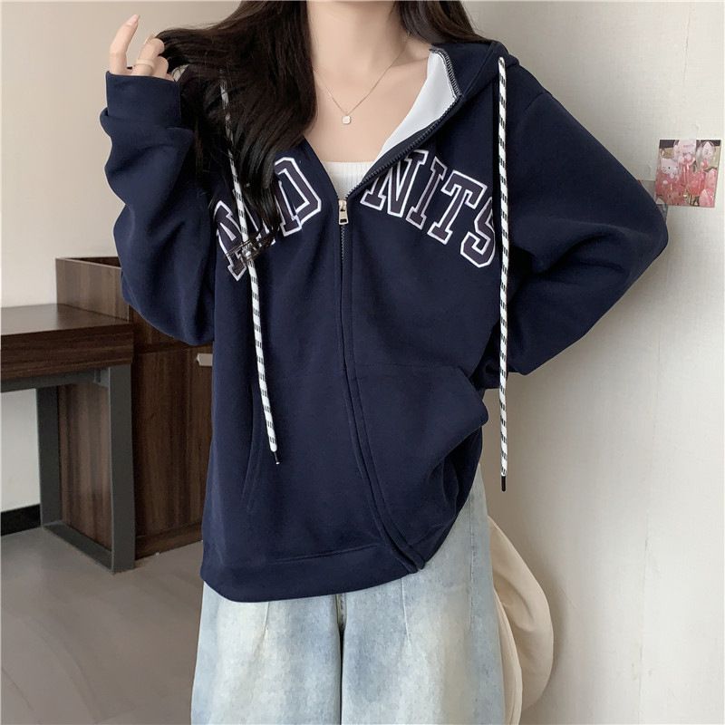 American Retro Zip-up Thin Sweatshirt Women, Spring And Autumn, Loose Long-seved Hooded Top For Students, European_ecoleips.com