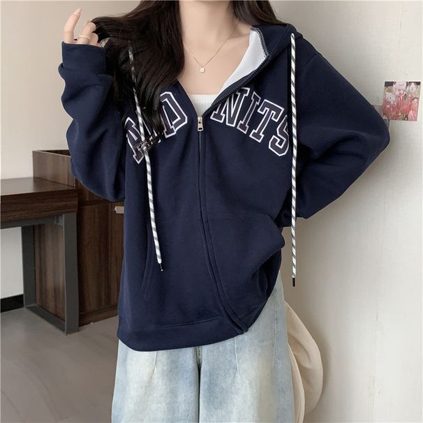 American Retro Zip-up Thin Sweatshirt Women, Spring And Autumn, Loose Long-seved Hooded Top For Students, European_ecoleips.com
