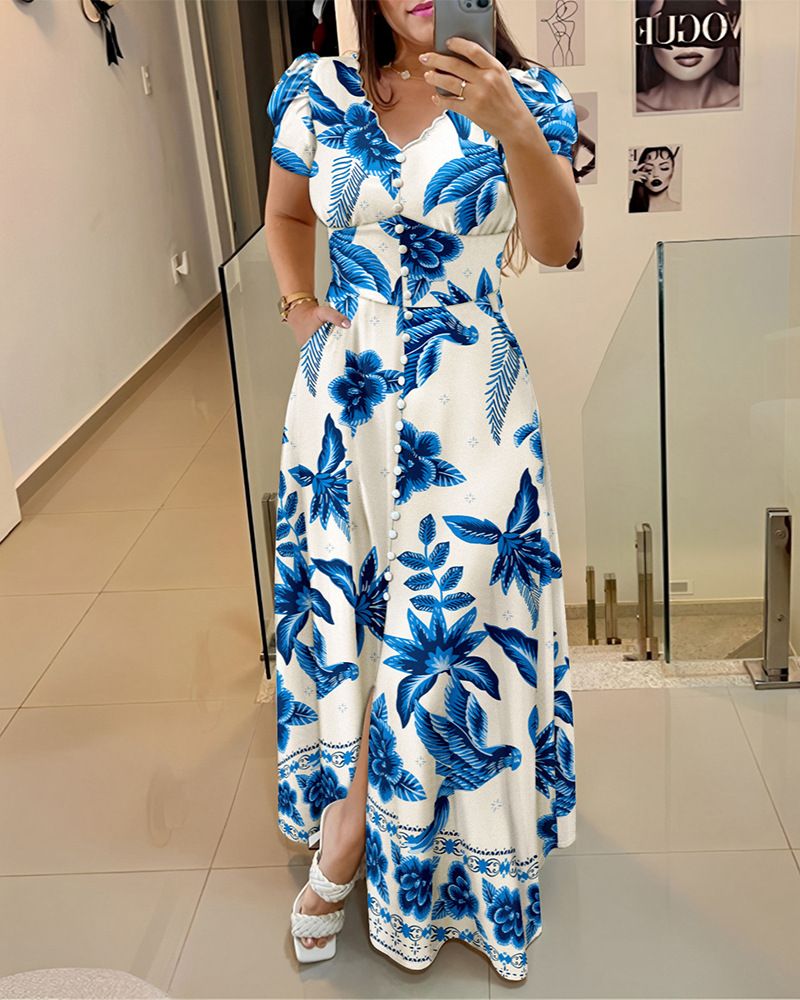 Women's Clothing Full Body Floral Puff Sleeves V Neck Waist A Line Long Skirt_ecoleips.com
