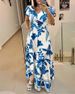 Women's Clothing Full Body Floral Puff Sleeves V Neck Waist A Line Long Skirt_ecoleips.com
