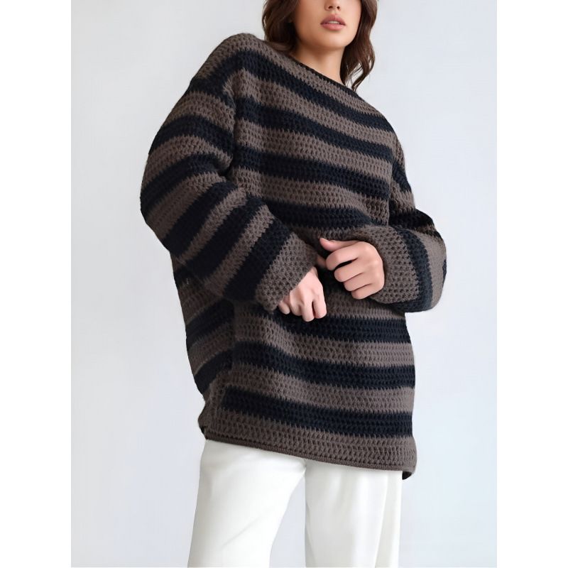 Women's Casual Knit Sweater With Loose Fit, Long Sleeves, Striped And Collarless Design-Wholesale_ecoleips.com