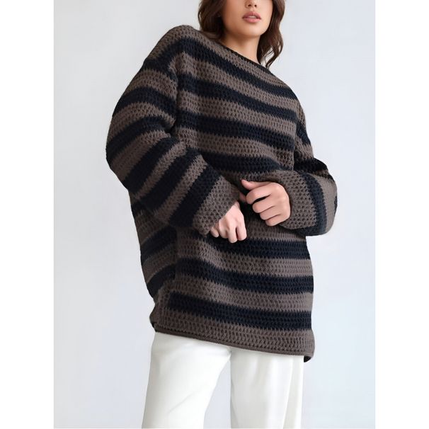 Women's Casual Knit Sweater With Loose Fit, Long Sleeves, Striped And Collarless Design-Wholesale_ecoleips.com