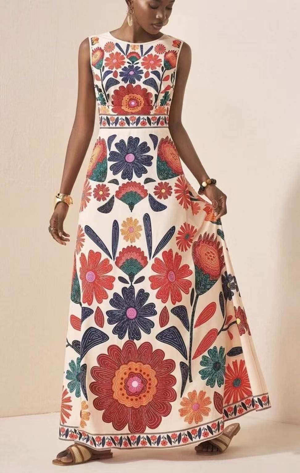 European American Women's Summer Printed Bohemian Dress Sleeveless Long New Style_ecoleips.com