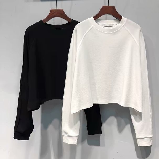 Foreign Trade Solid Color Short Raglan Long Sleeve T-Shirt Women, Loose Fit Inner Layer Early Autumn, Base Shirt For_ecoleips.com