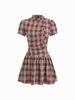 Korean Retro Color Block Plaid Stand Collar Women's Dress Fitted Waist Tie Puff Sleeve Slimming Versatile Dress for Summer_ecoleips.com