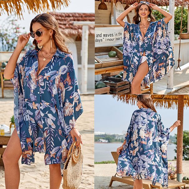 Women's 100% Cotton Printed Beach Cover-Up Shirt - Lightweight Sun Protection Kimono, Bikini Wrap, Vacation Overshirt_ecoleips.com