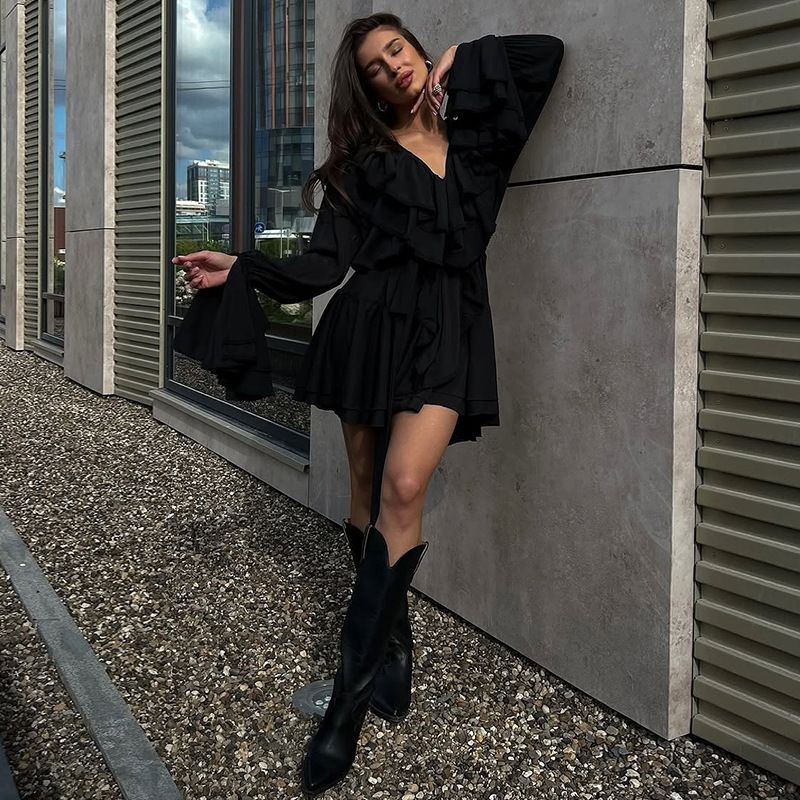 Women's Clothing Summer New Style Temperament Design V-neck Ruffled Trumpet Sleeve Short Dress_ecoleips.com