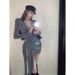 American Style Spicy Girl Elegant Slim V-Neck Long Sleeve One-Piece T-Shirt Women Winter Tie-Up Bodycon Skirt Two-Piece_ecoleips.com