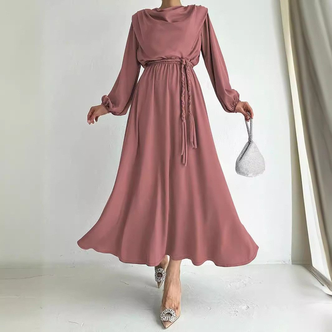 Women's Clothing Muslim Solid Color Sleeves With Belt Long Fashionable Temperament Dress_ecoleips.com