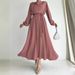 Women's Clothing Muslim Solid Color Sleeves With Belt Long Fashionable Temperament Dress_ecoleips.com
