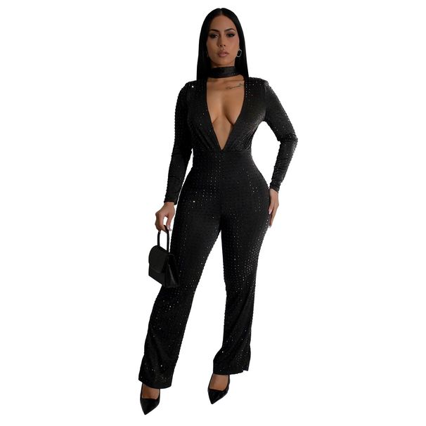 Women’s Clothing Fashion Sexy V Neck Long Sleeved Hot Diamond Arm Jumpsuit New_ecoleips.com