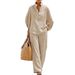 Women's Summer Casual Wide Leg Pants Suit Loose Zipper round Neck Solid Color Clothing Set_ecoleips.com