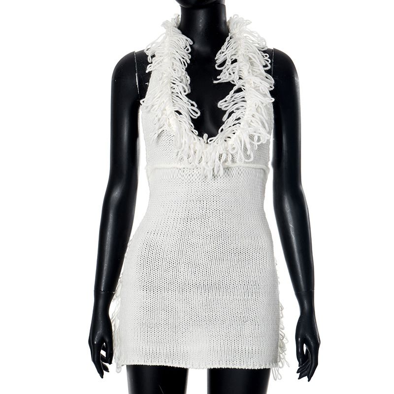 Women's Clothing Women's Autumn And Winter Tassel Deep V Neck Halter Neck Tie Backpack Hip Knitted Dress_ecoleips.com