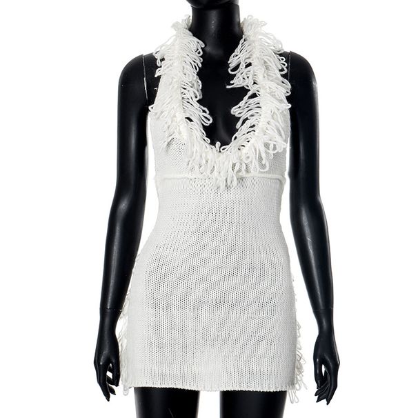 Women's Clothing Women's Autumn And Winter Tassel Deep V Neck Halter Neck Tie Backpack Hip Knitted Dress_ecoleips.com