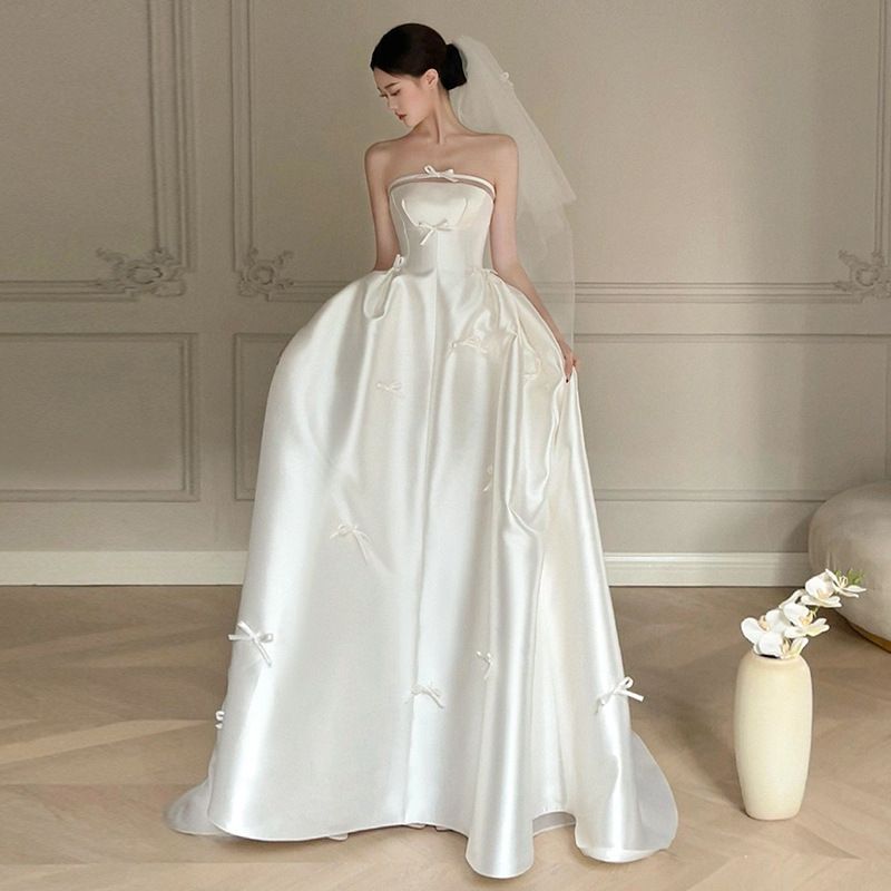 Elegant French Satin A-Line Wedding Dress With Detachable Bow & Train For Bride, Modest Chapel Length Gown_ecoleips.com