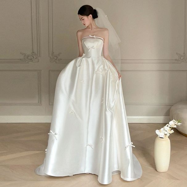 Elegant French Satin A-Line Wedding Dress With Detachable Bow & Train For Bride, Modest Chapel Length Gown_ecoleips.com
