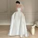 Elegant French Satin A-Line Wedding Dress With Detachable Bow & Train For Bride, Modest Chapel Length Gown_ecoleips.com