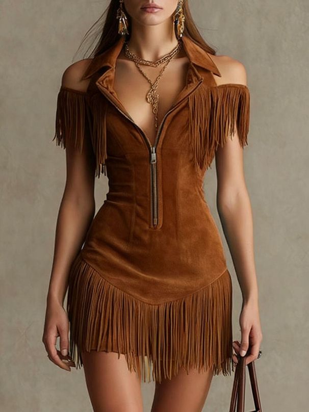 New 2026 Y2K American Retro Suede Tassel Off-Shoulder Dress Women's Western Style Hot Girl Waist Cinching Short Skirt_ecoleips.com