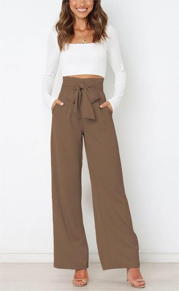 Spring/Summer Women's Wide Leg Pants Casual Versatile High Waist Slimming Tie Waist Bow Workwear Style_ecoleips.com