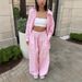 Women's Breathable Striped Shirt Tie-Waist Pants Set 100% Cotton Spring Fall Outfit Pink Blue S M L_ecoleips.com