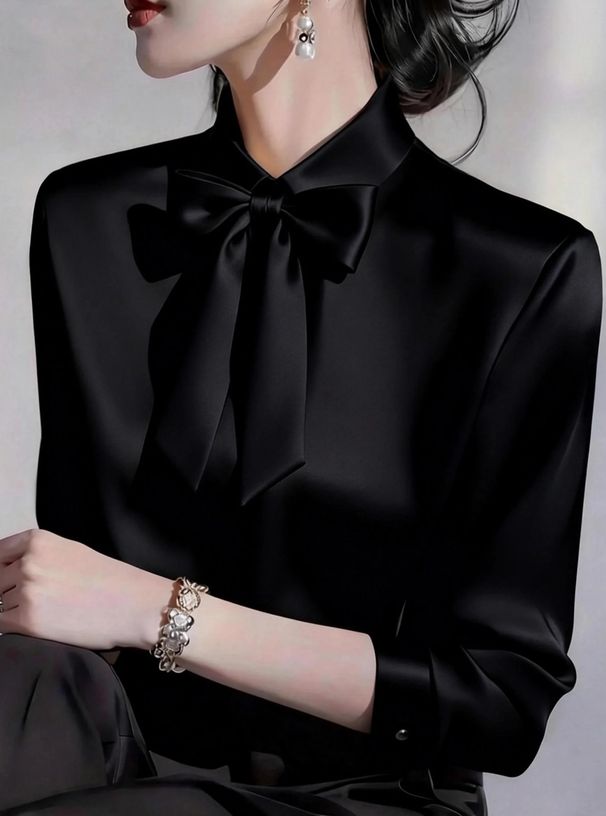 Summer Elegant Bow Tie Collar Long Sleeved Shirt for Women Versatile Stylish Blouse Regular Fit Polyester England Style Fashion_ecoleips.com