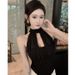 Purely Alluring Hot Girl Style White Sexy Mesh Patchwork Halter Neck Tank Top, Slim Fit, Sleeveless, Short Outerwear,_ecoleips.com