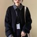 girl Black Loose Sweater For Women 2025 Autumn Winter New Lazy Feel Versatile Korean Style Polo Collar Knitted Thick Top_ecoleips.com