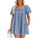 Women's Square Neck Puff Sleeve Tie Waist Flowy Mini Dress Denim_ecoleips.com