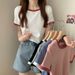 Women's Color Block Round Neck Short Sleeve T-Shirt Korean Style Slim Fit Trendy Student Top For Summer_ecoleips.com