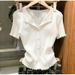 New Style Women's Ruffled Knit T-Shirt V Neck Slim Fit Lace Trim Gentle Top For Summer_ecoleips.com