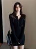 Autumn Winter Mini Dress Women V Neck Button Sexy Sweater Elegant Bodycon Dresses Long Sleeve Robe Short Skirt Waist Solid_ecoleips.com