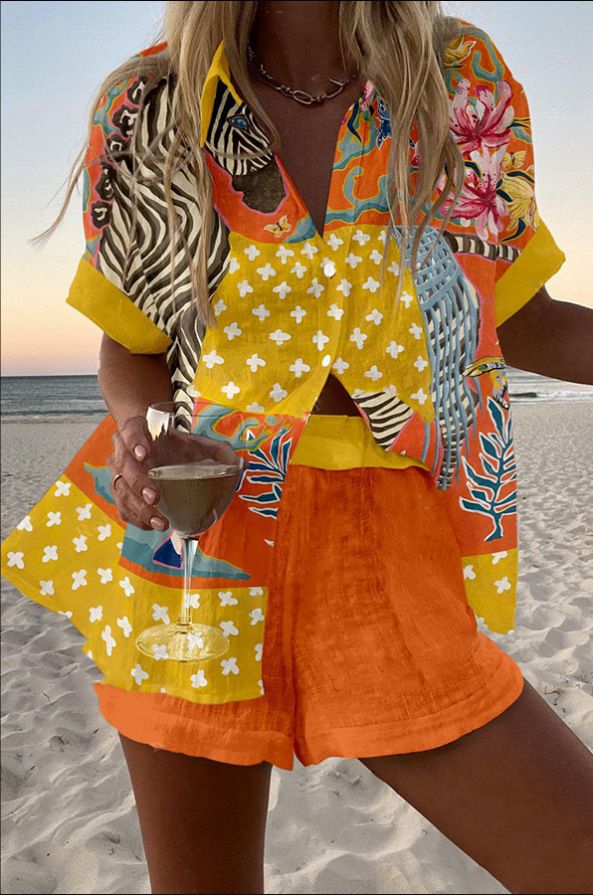2025 Spring/Summer Fashion Women's Printed Loose Shorts Short Sleeve Shirt With POD Customization_ecoleips.com