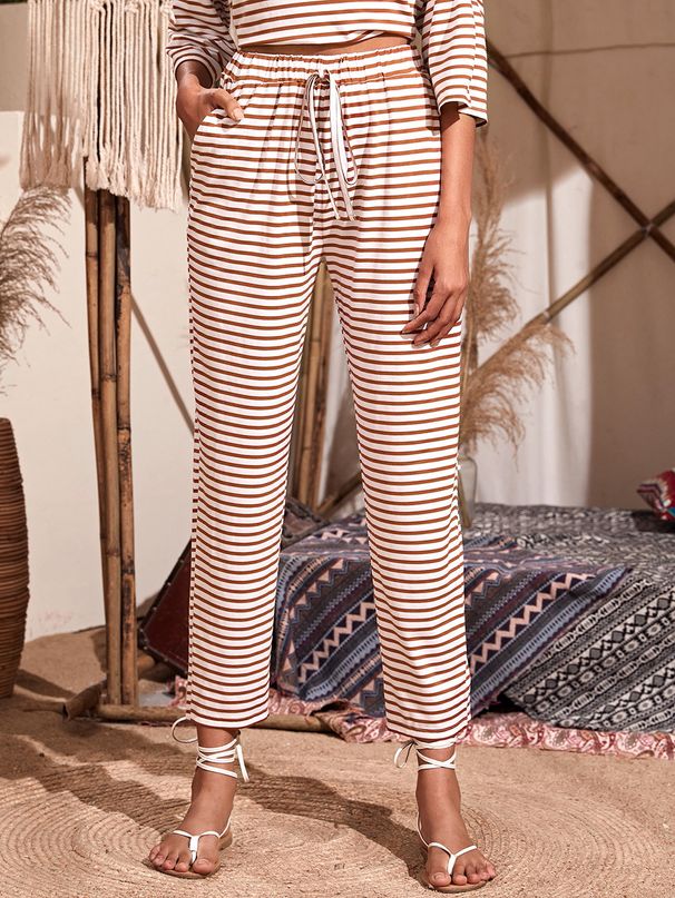 Voya 2026 New Women's Bottoms: European And American Ins Hot Style Casual Home Striped Loose Straight Nine-Point_ecoleips.com