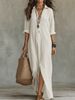 Women's Summer Casual V Neck Maxi Dress Loose Beach Style Linen Feelings Slit Fashion 2026 New Cross Border Resort_ecoleips.com