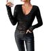 2026 Elegant V-Neck Fan-Shaped Collar Solid Color Long Sleeve Slim Fit Pullover Lace Top Versatile_ecoleips.com