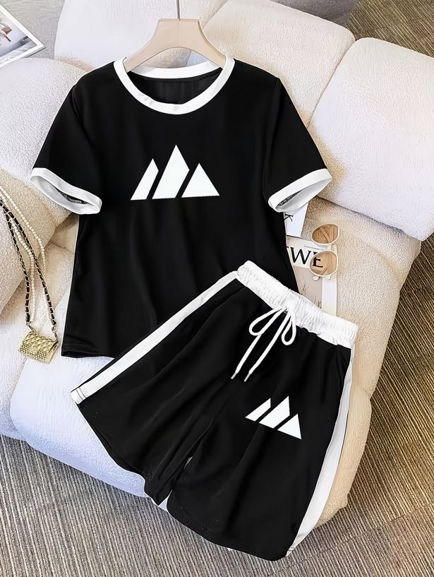 Women's Clothing Summer Black White Color Block Mountain Print Casual Women's Two Piece Set Style Short Sleeved T-Shirt And Shorts_ecoleips.com