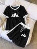 Women's Clothing Summer Black White Color Block Mountain Print Casual Women's Two Piece Set Style Short Sleeved T-Shirt And Shorts_ecoleips.com