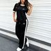 Women's Spring Summer Fashion Casual Medal Logo Color Block round Neck Short Sleeve Two Piece Set Loose Fit Print Design_ecoleips.com