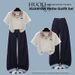 Women's Stylish Color Block Plaid Polo Collar Top With Bow Tie Wide Leg Jeans Set Short Sleeved Suit_ecoleips.com