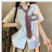 Women's Japanese Style JK Uniform Striped Shirt Loose Fitting Versatile Unique Blouse New Summer Top_ecoleips.com