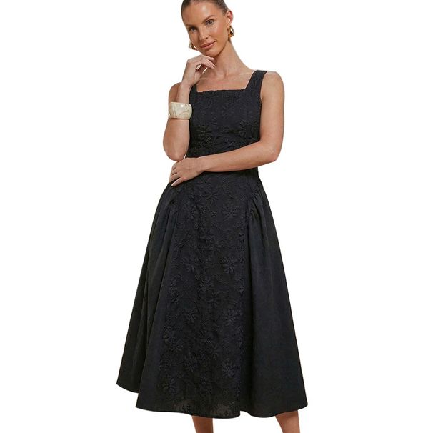 Women's Elegant Floral Embossed Vest Dress Midi Length Polished Polo Neck Versatile Elegance_ecoleips.com