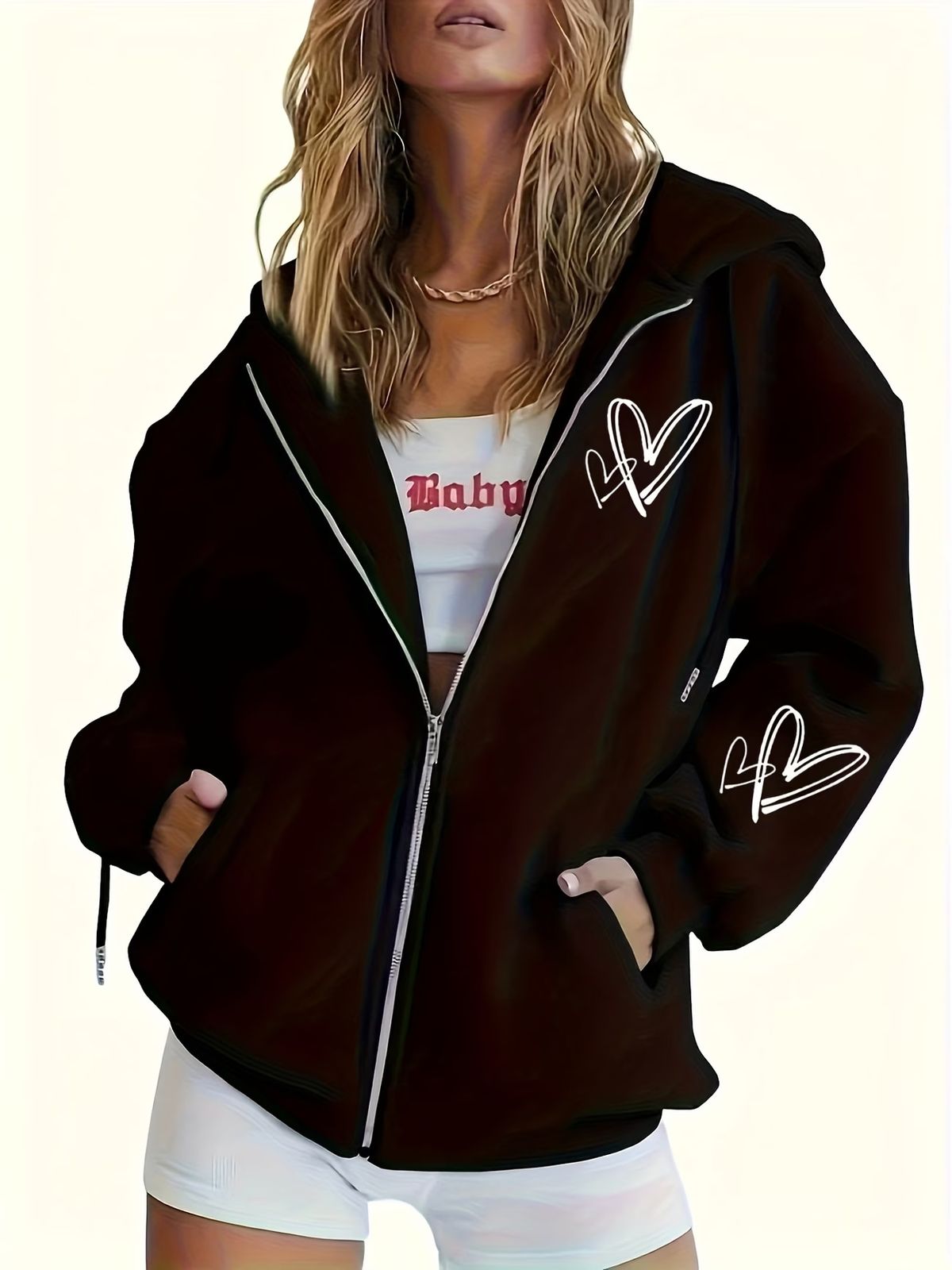 Women's Clothing Fashion Printed Hooded Zip Up Cardigan Loose Casual Long Sleeved Boyfriend Style Jacket Women's Outerwear Print_ecoleips.com